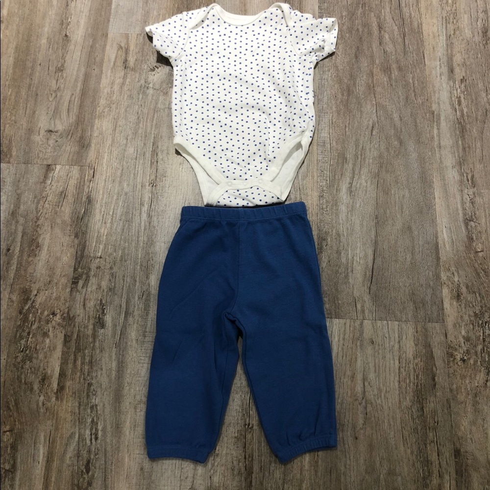 Little Me white & blue onesie & matching leggings. 12 months. Washed never worn.